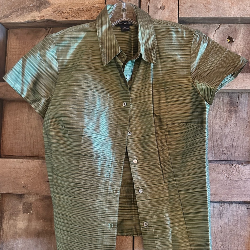 Ann Taylor Olive Green Short-Sleeve Silk Button-Up Blouse